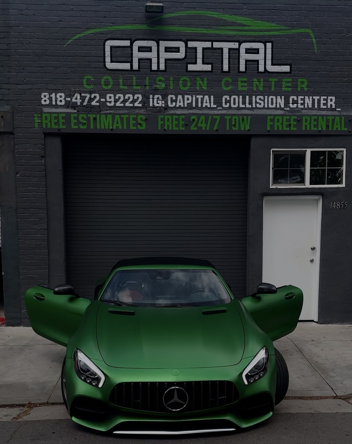 Green Mercedes-AMG GT at Capital Collision Center in Van Nuys